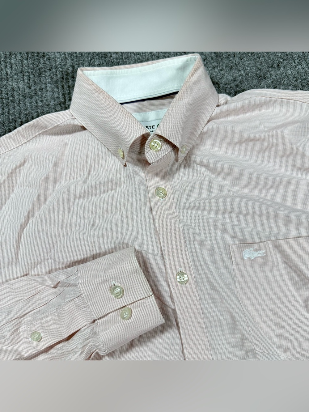 Lacoste CH9615 Mens Button Down Poplin Shirt Pink Micro Grid Check LS US 15